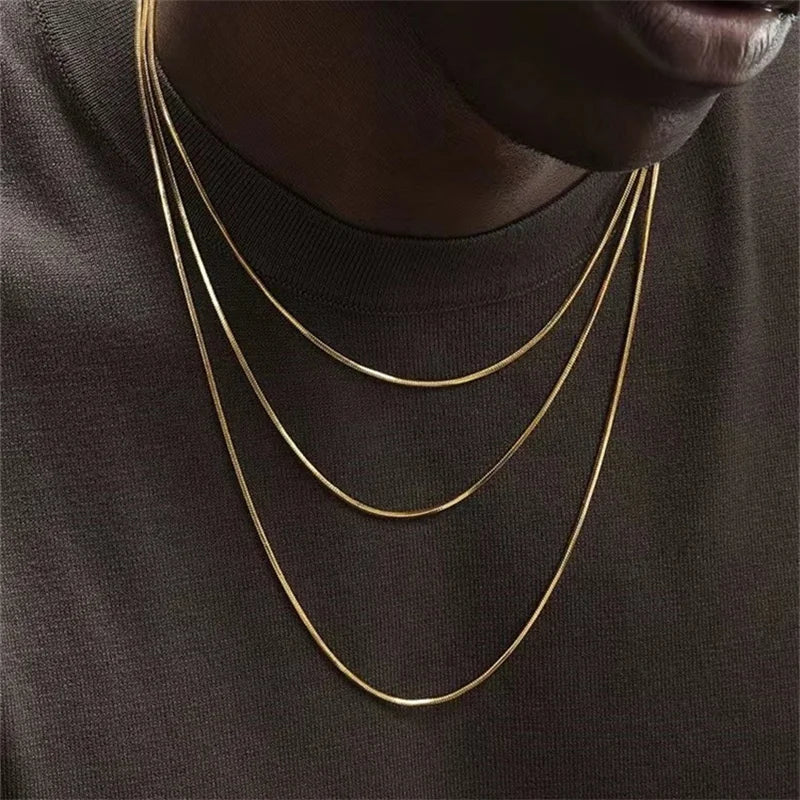 Gold Color Stainless Steel Necklace for Men Hip Hop Square Snake Chain Jewelry