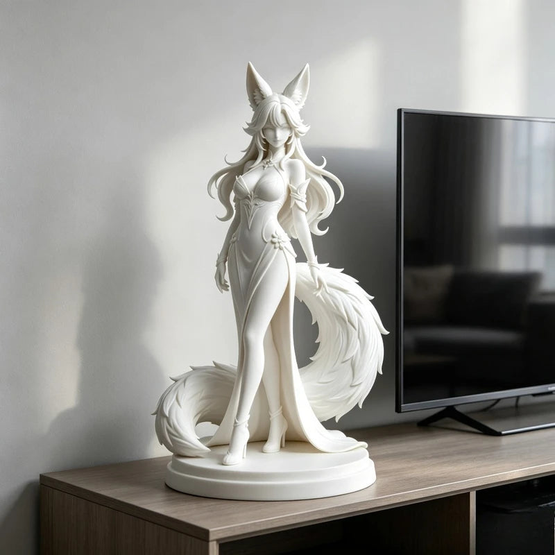 Unpainted Kitsune Fox Spirit Figurine - Anime-inspired Desktop Decor, 15cm