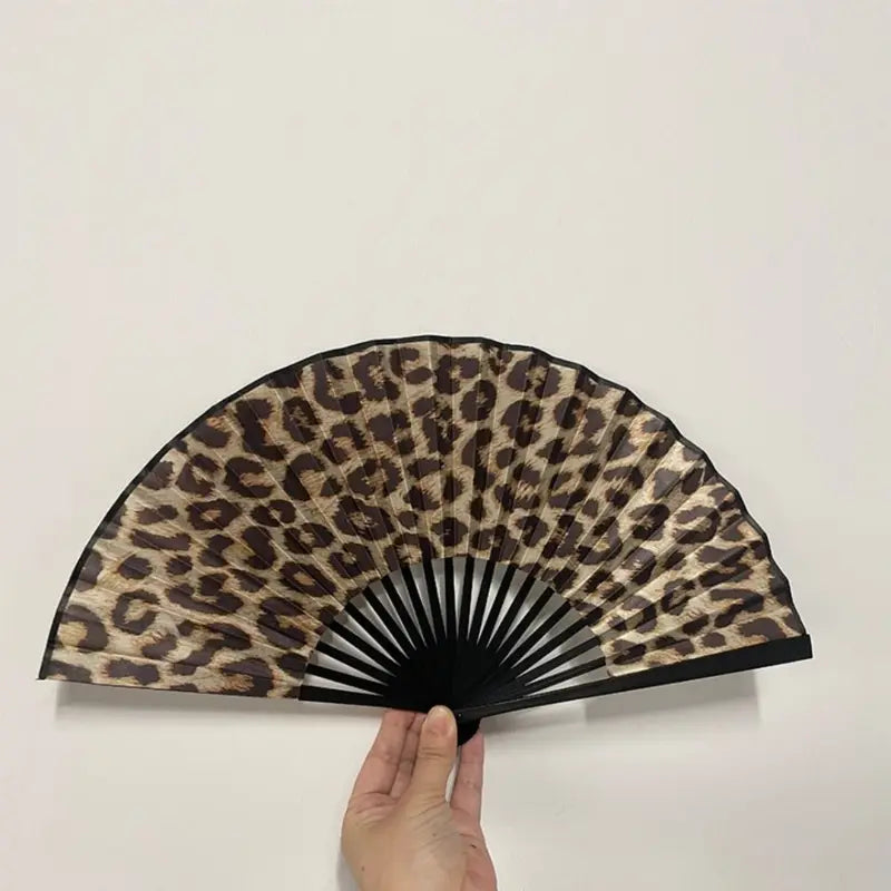 Leopard Print Folding Fan with Black Frame - Elegant Classical Dance Accessory for Women