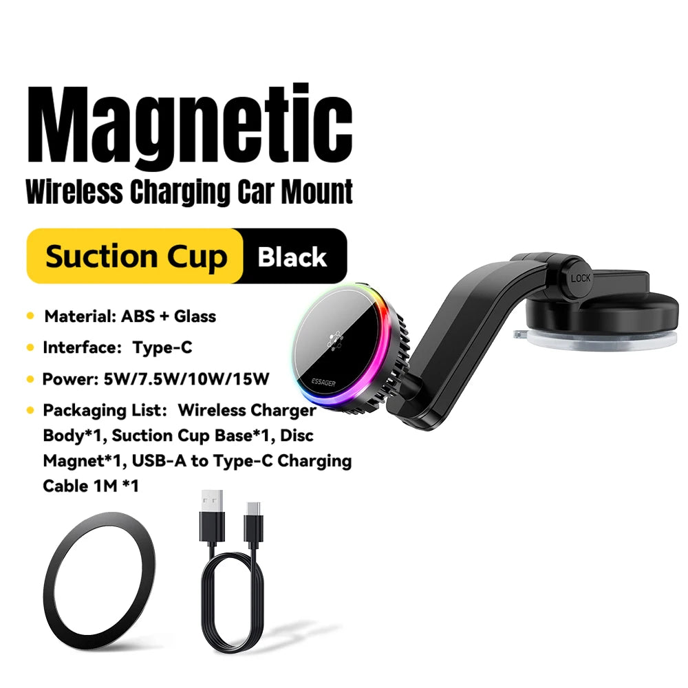 15W Wireless Car Charger Magnetic Mount for iPhone Fast Charging Station