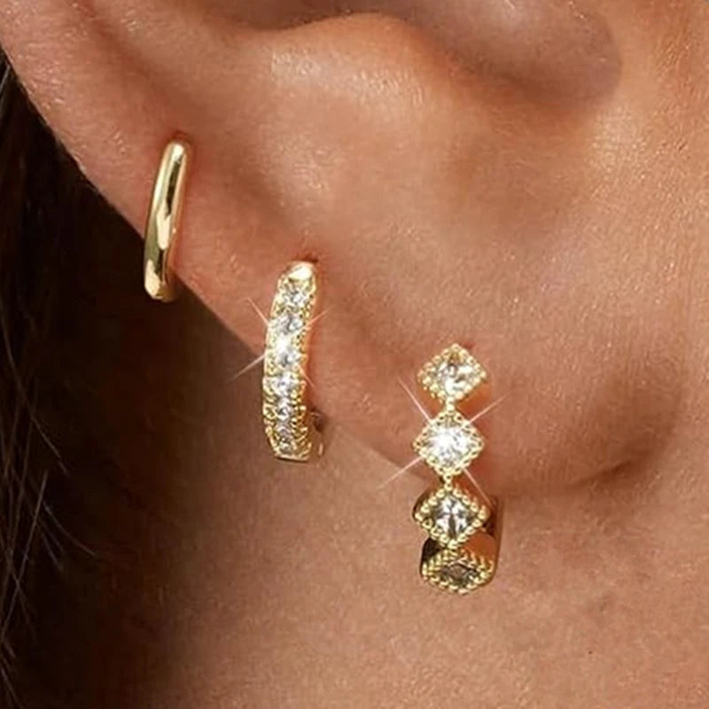 3-Piece Stainless Steel Hoop Earring Set for Women with Zircon Flower Studs