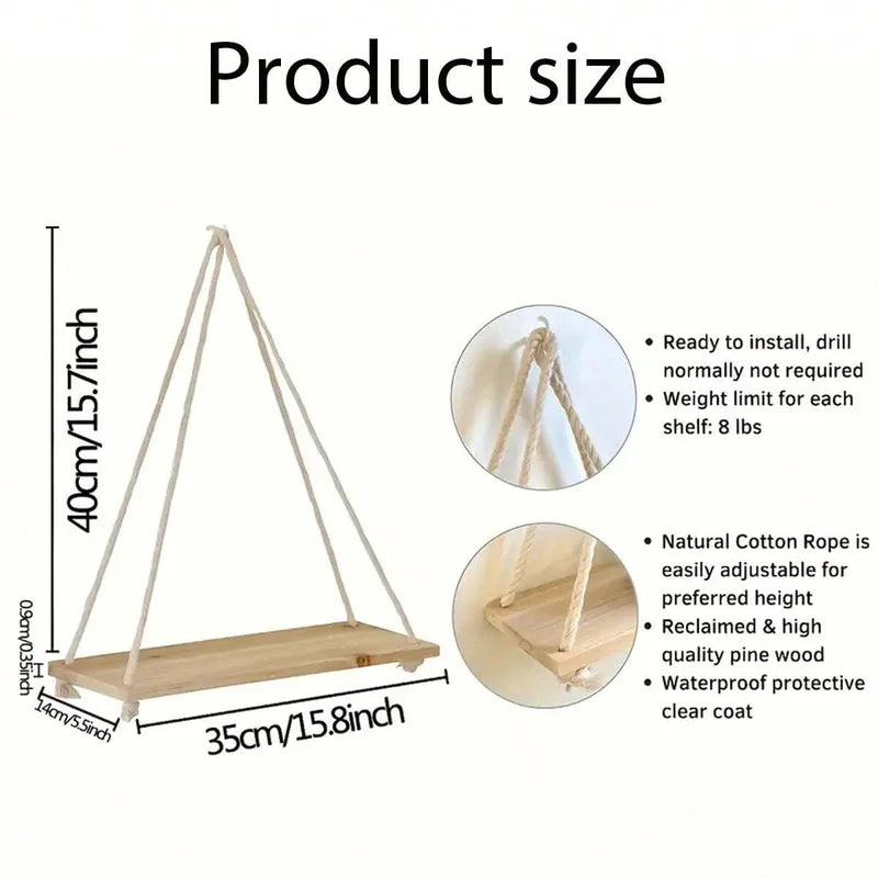 Wooden Floating Wall Shelf with Rope Hangings for Home Decor and Plant Display