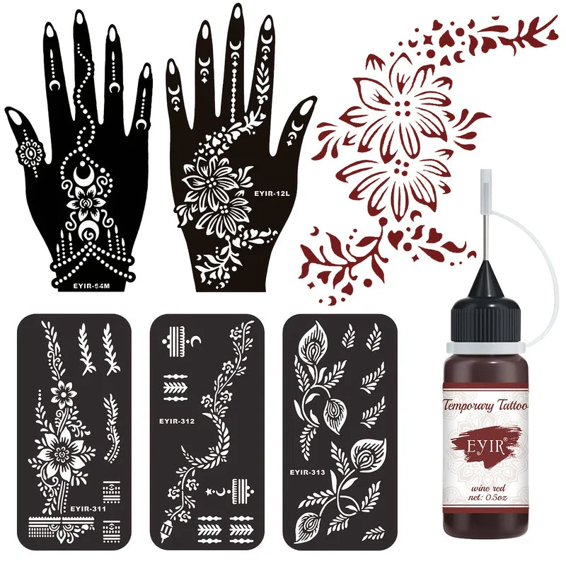 Henna Tattoo Kit with Mandala Stencils and Burgundy Temporary Body Art - 5 Reusable Designs
