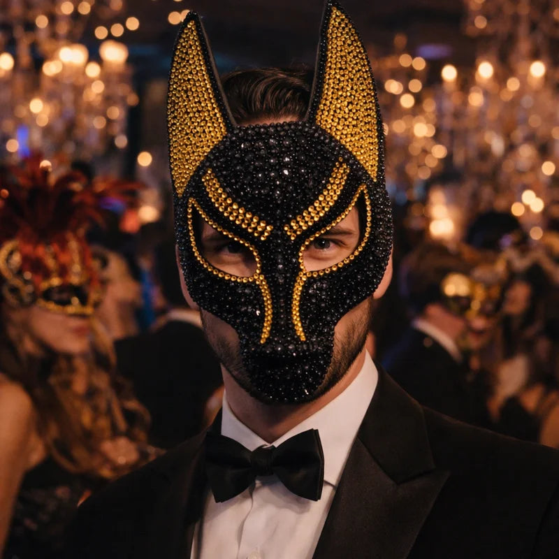 Luxury Rhinestone Wolf Mask - Shiny Half Face Costume Mask for Masquerade Halloween Party