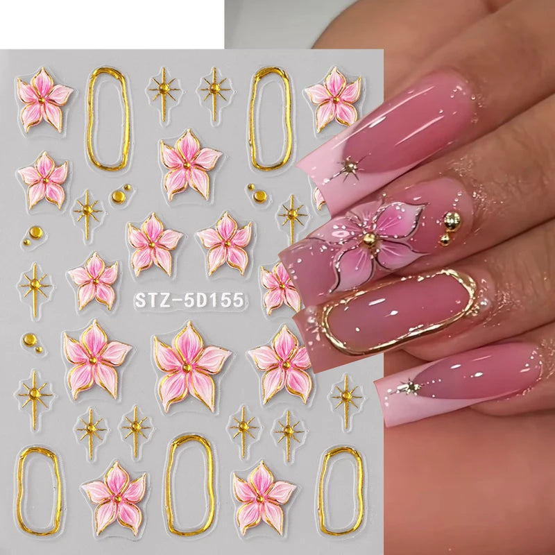 2pcs Embossed Hibiscus Flower Nail Art Stickers with Gold Ring Charms - Manicure Decals