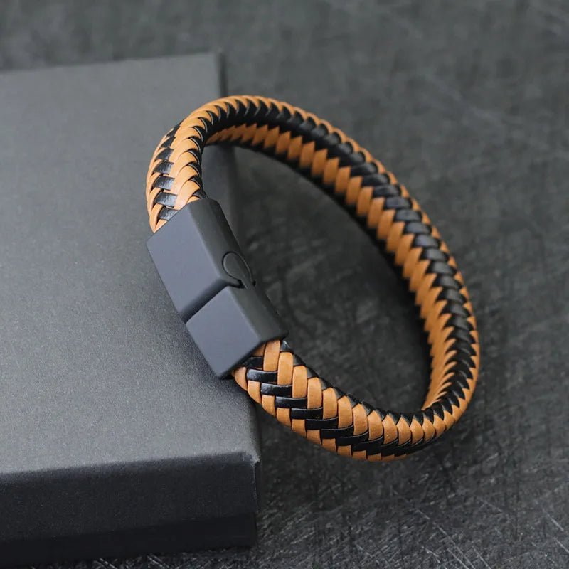 Men's Leather Bracelet Bangle with Magnetic Clasp - Black Braided Punk Style, Gift for Him