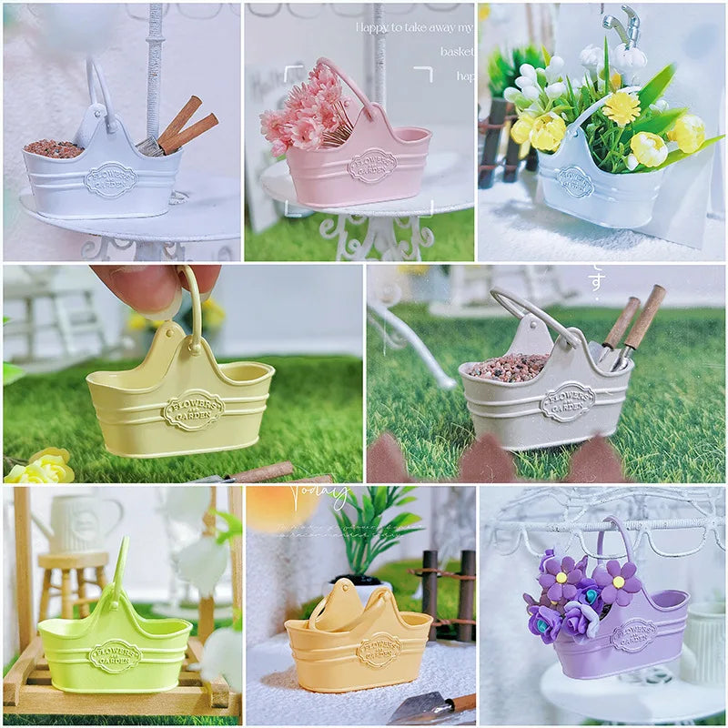 Mini Metal Flower Bucket for Dollhouse Gardens, Fairy Scene Decor