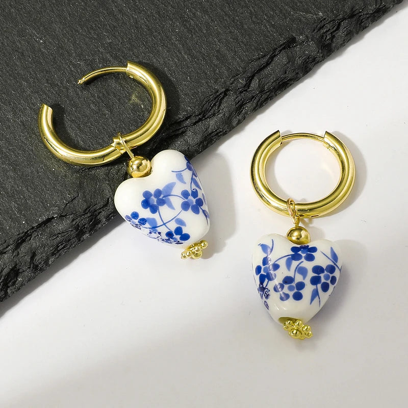 Blue & White Porcelain Teapot Pendant Earrings Vintage Ceramic Heart & Pearl Dangle Jewelry