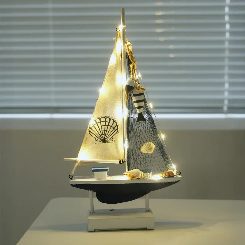 Retro Mediterranean Wooden LED Sailing Boat Model Desktop Decor Ocean Style Gift