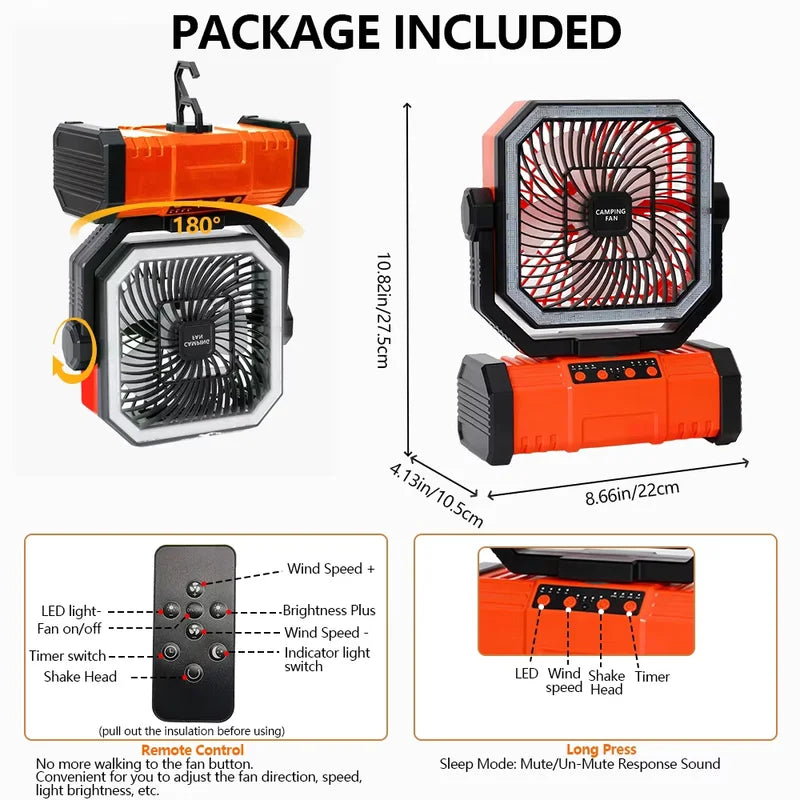 Portable 20000mAh Camping Fan with LED Light and USB Power Bank - Outdoor Tent Fan with 270° Adjustable Wind Speeds and Timer