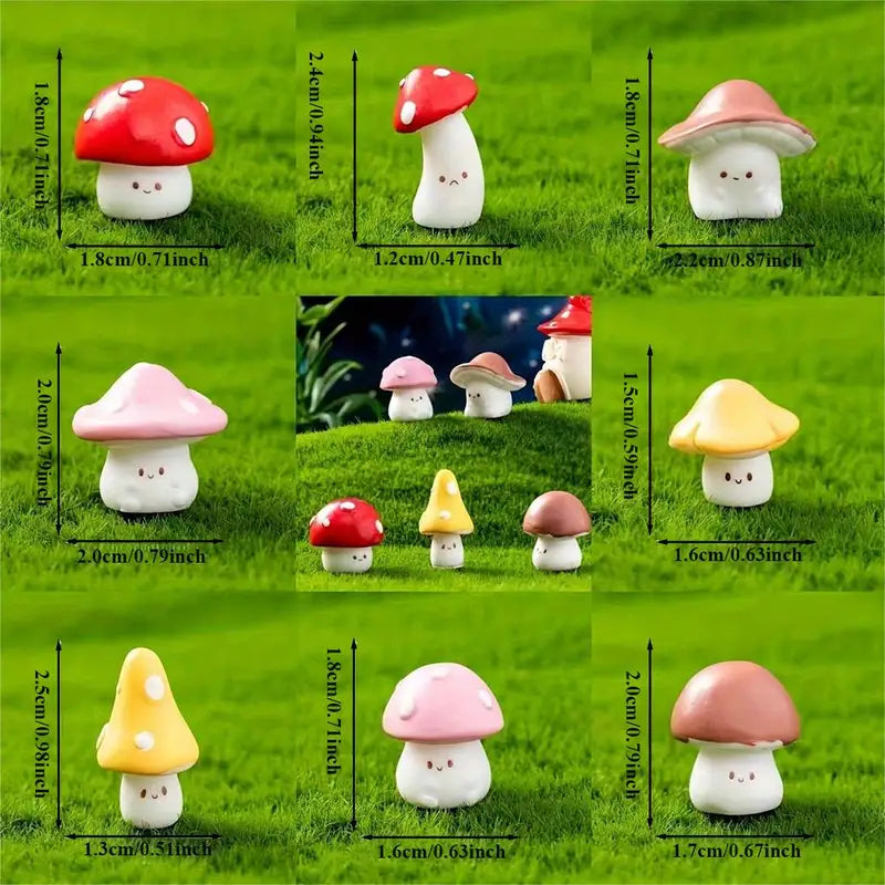 8 Pieces Decorative Mini Emoji Mushroom Resin Statues for Garden & Holiday Decor