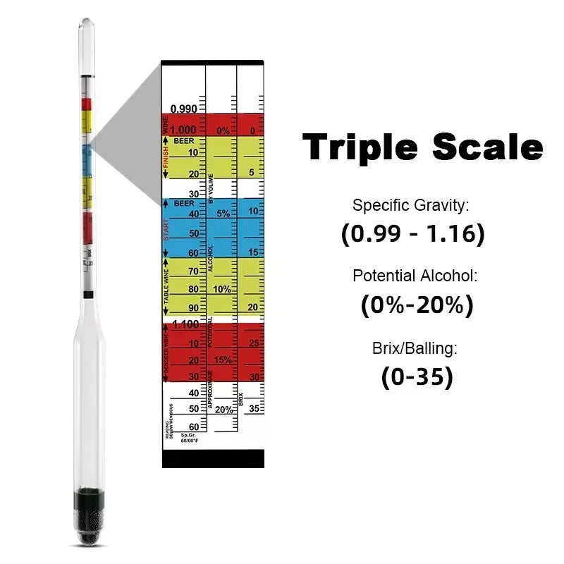 Hydrometer Tester & 250ml Measuring Bottle for Wine Beer Mead Kombucha Specific Gravity ABV