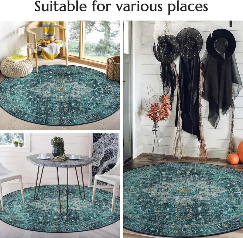 Round Vintage Area Rug for Living Room Bedroom Circular Mat Non Slip Washable