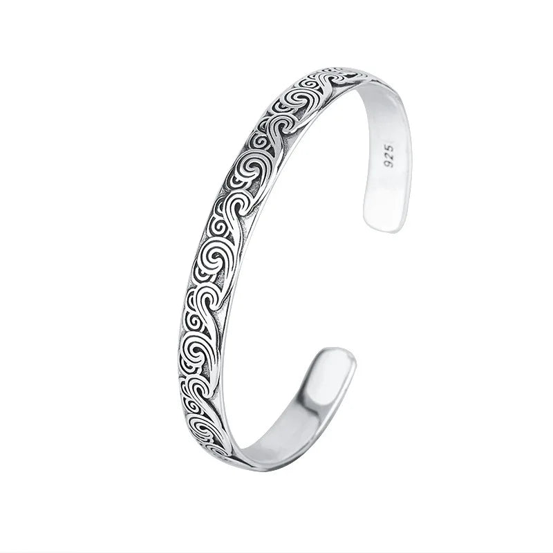 Retro Wave Sterling Silver Bracelet - Cloud Design Bangles for Women