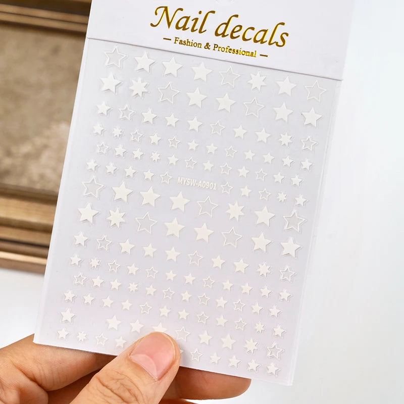 Black White Star 3D Nail Art Sticker Set with Laser Shine Glitter for Manicure - Multiple Colors