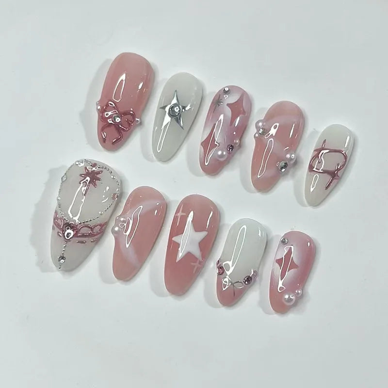 24Pcs Almond Fake Nail Tips with Bow Pearl Design - Press On Full Cover Nails
