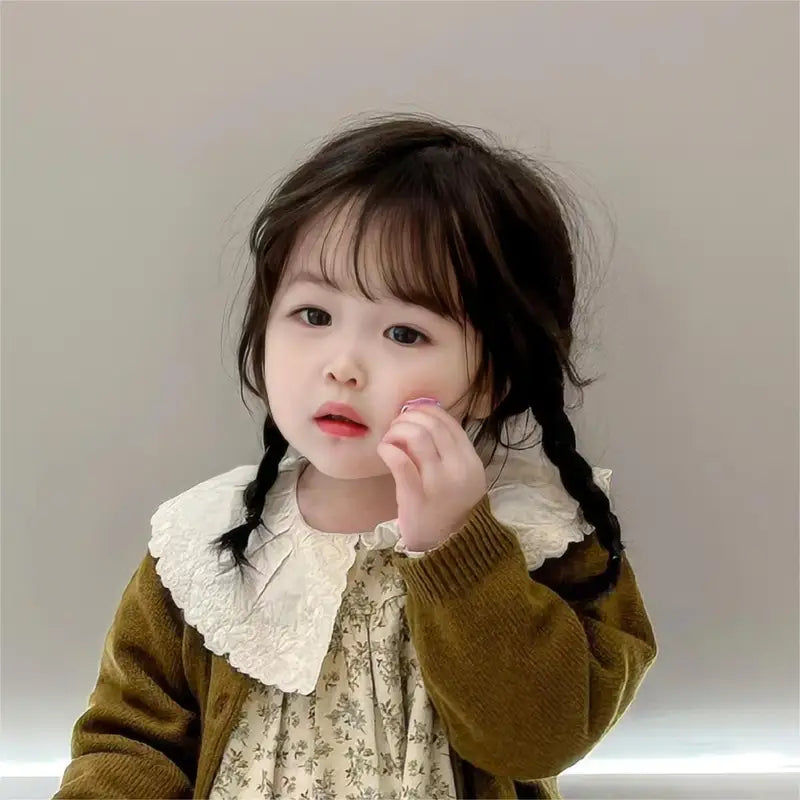 Baby Girl Fake Hair Braid Wig with Fluffy Bangs - Playful Fried Dough Style, One Year Hair Cover