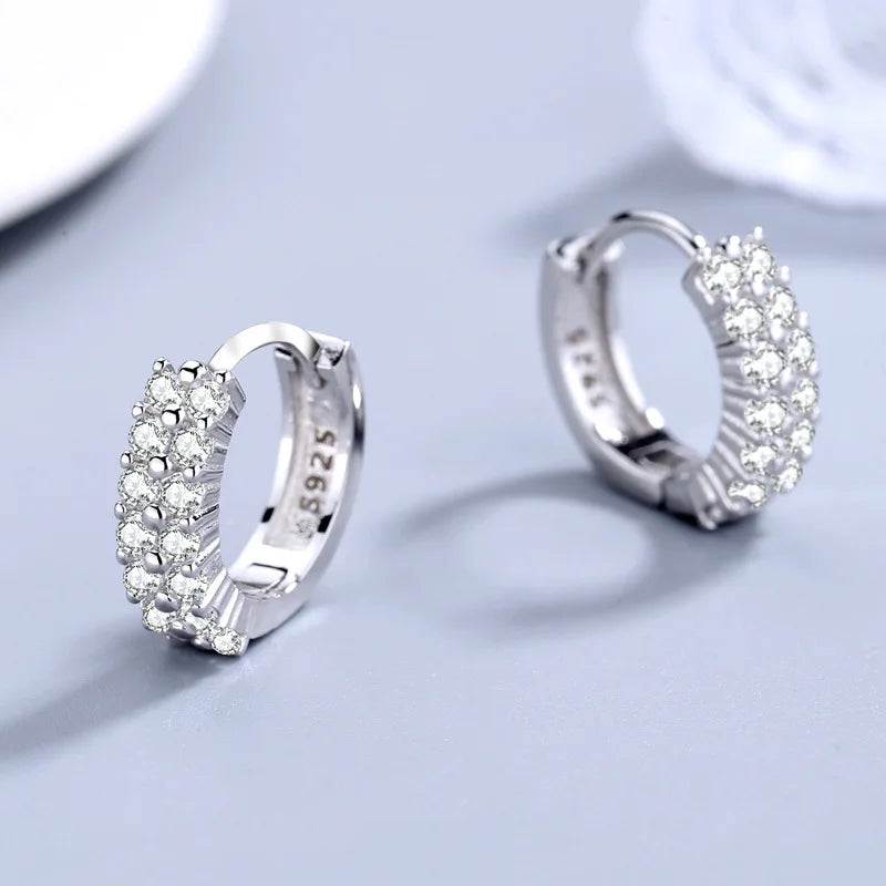 925 Sterling Silver Double Row Crystal Round Earrings for Women