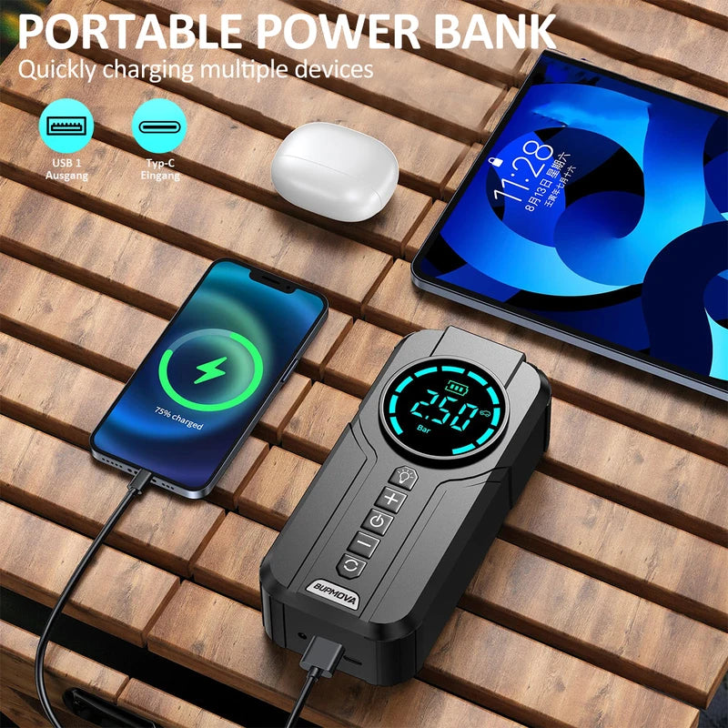 Car Jump Starter Air Compressor Power Bank 150PSI Emergency Boost with LED Light