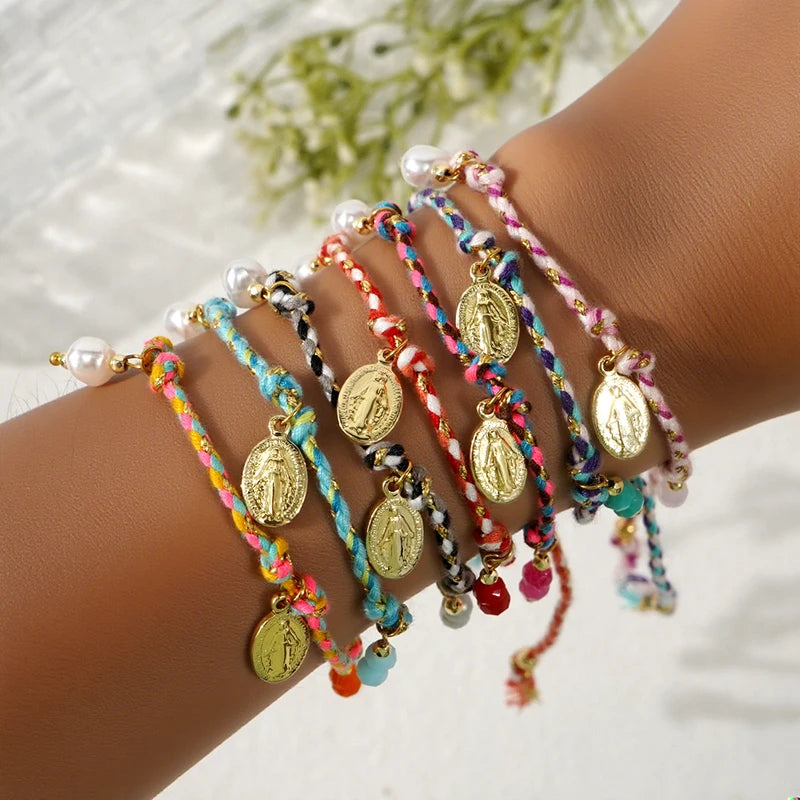 Multicolor Braided Rope Bracelet with Virgin Mary Pearl Charm Adjustable Women’s Jewelry