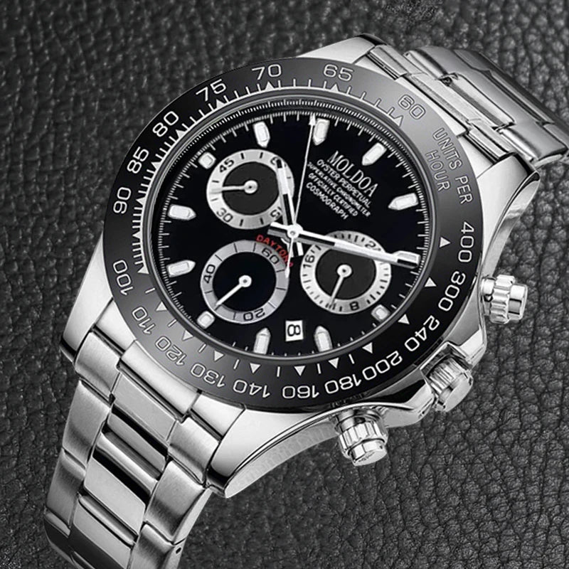 Men's Silver Steel Strap Trendy Business Quartz Watch with Multi-Function