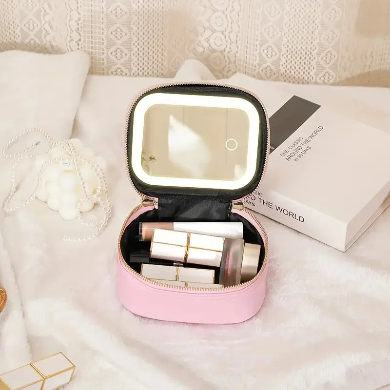 Portable Makeup Organizer Bag with LED Mirror and Light Modes - Travel Cosmetic Storage