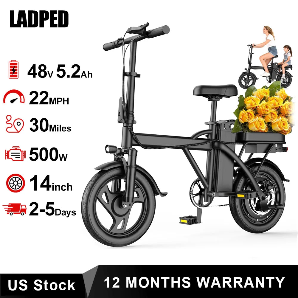 Foldable Electric Bike 500W Motor 48V Battery Max 22 MPH Range 30 Miles