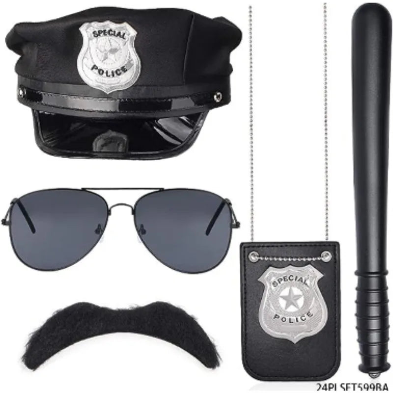Halloween Police Costume Accessories Badge Necklace Beard Baton Set
