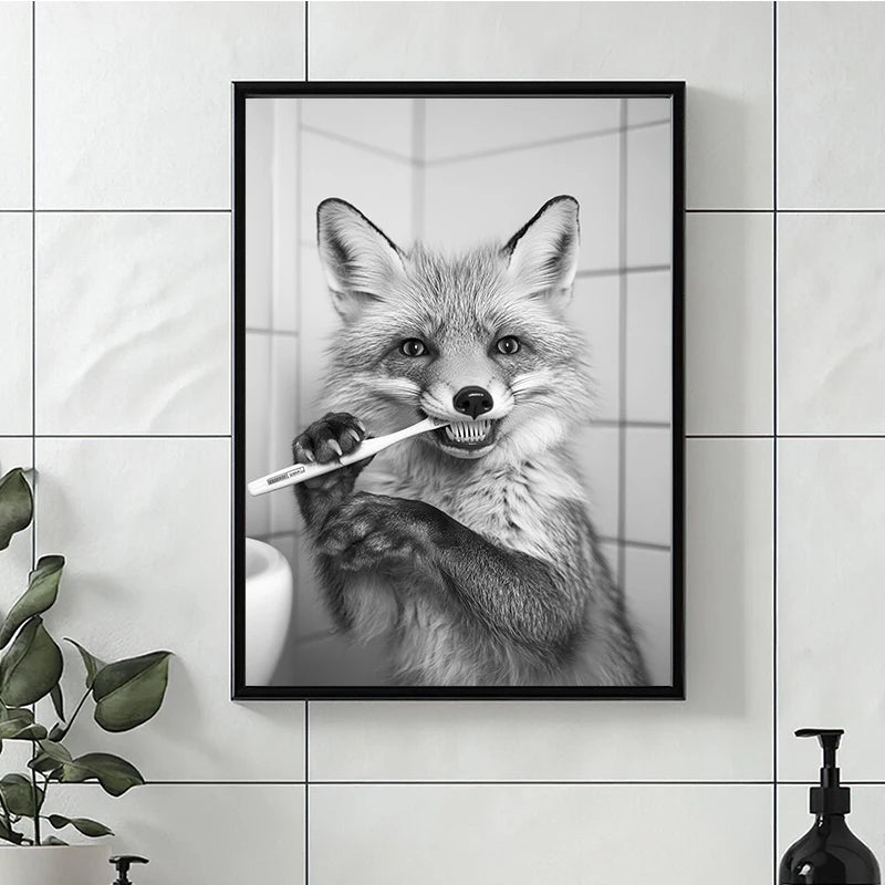 Animal Bathroom Canvas Wall Art - Funny Teeth Brushing Poster Home Decor