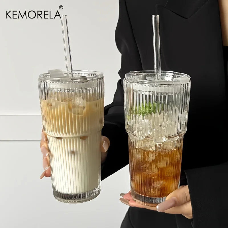 600ML Stripe Glass Coffee Cup with Lid and Straw - Transparent Drinkware for Cold Beverages