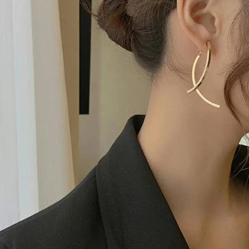Korean Stylish Cross Arc Long Drop Earrings for Women - Fashion Dangling Jewelry