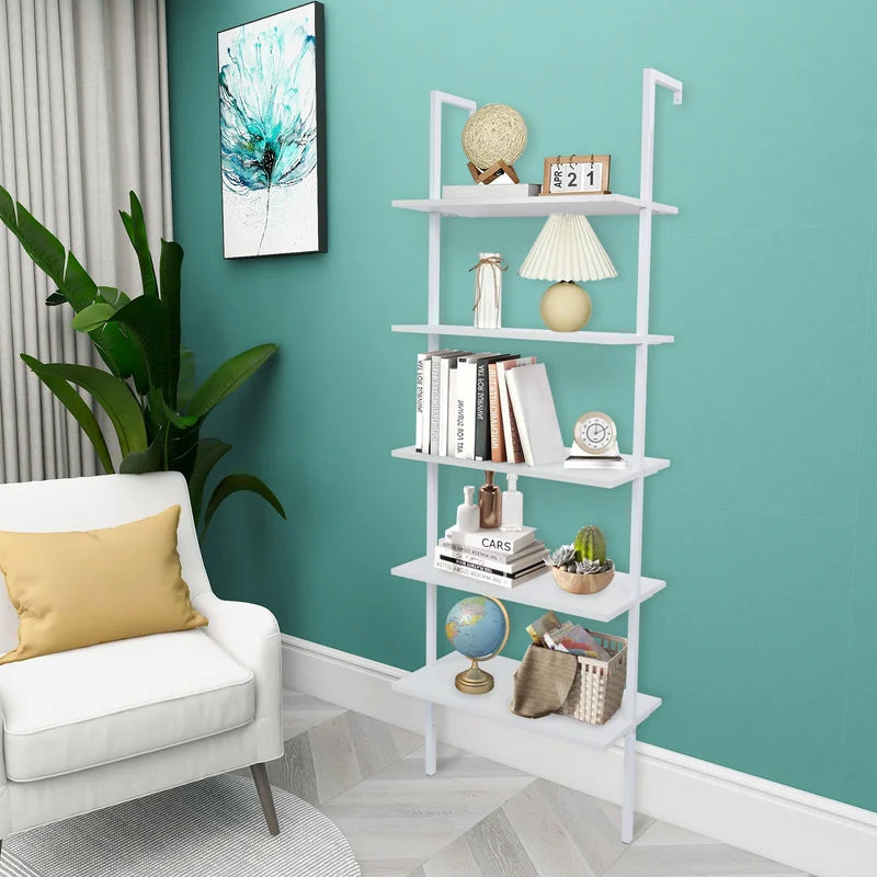 5-Tier Ladder Wall Shelf Storage Rack White Living Room & Study Organizer