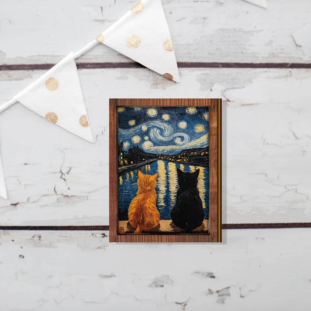 Starry Night Cats Mini Art Print with Wooden Frame - Wall Decor for Tiny Spaces