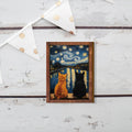 Starry Night Cats Mini Art Print with Wooden Frame - Wall Decor for Tiny Spaces