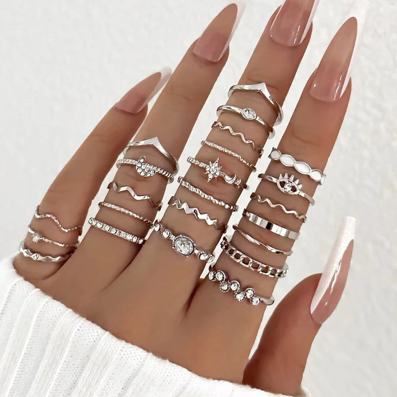 23-Piece Women's Zircon Wave Ring Set - Multi-Element Design for Daily Wear