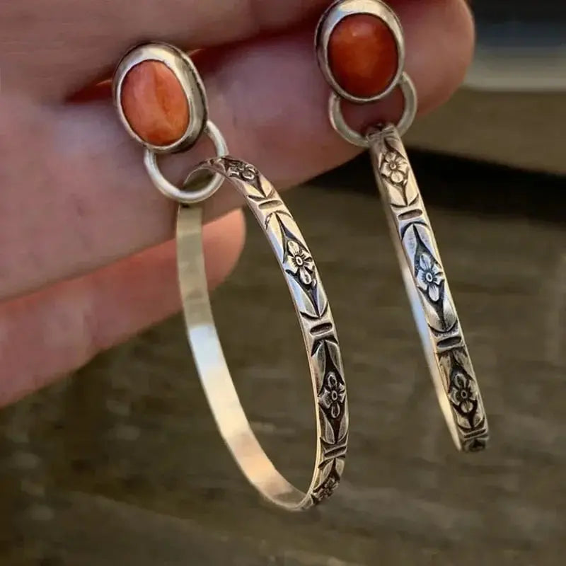 Vintage Metal Circle Earrings with Red Stone Bohemian Jewelry for Women