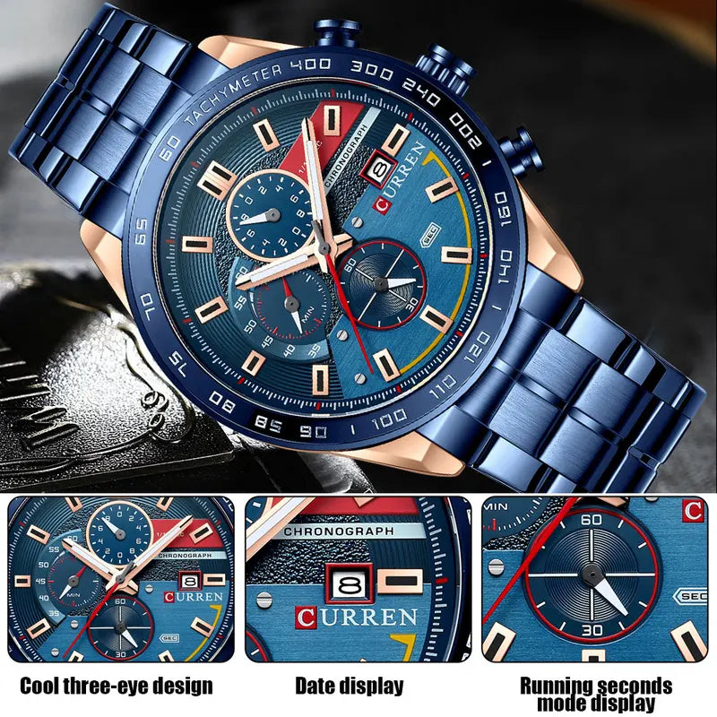 Men's Quartz Watch Waterproof Business Chronograph Stainless Steel Strap
