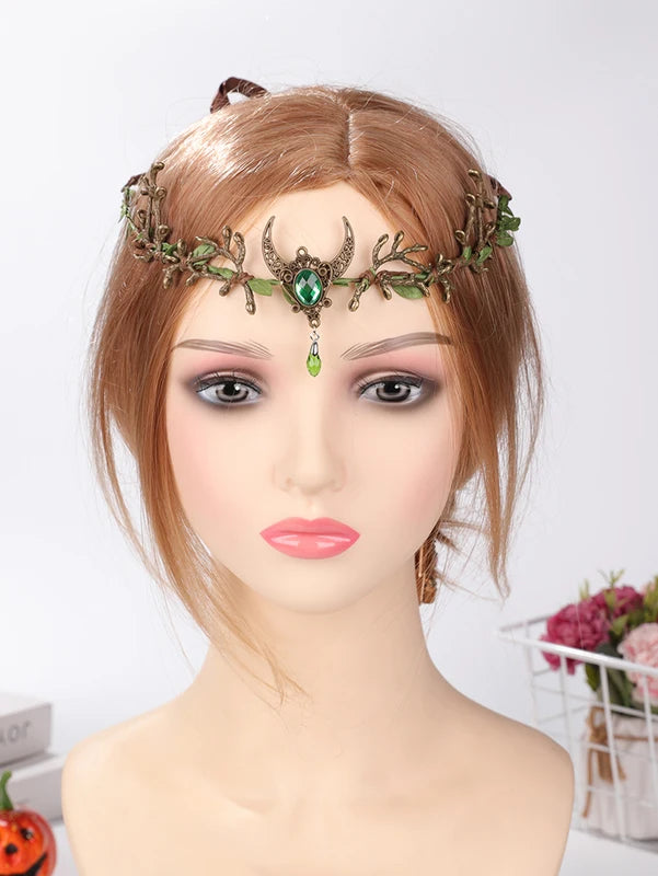 Fairy Moon Headband with Green Gemstone Branch for Halloween & Photo Shoots