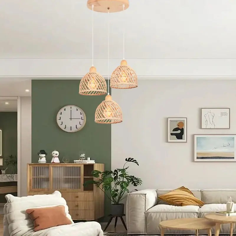 Vintage Bamboo Wicker Rattan Pendant Light Shade - Hanging Ceiling Lamp for Living Room & Kitchen