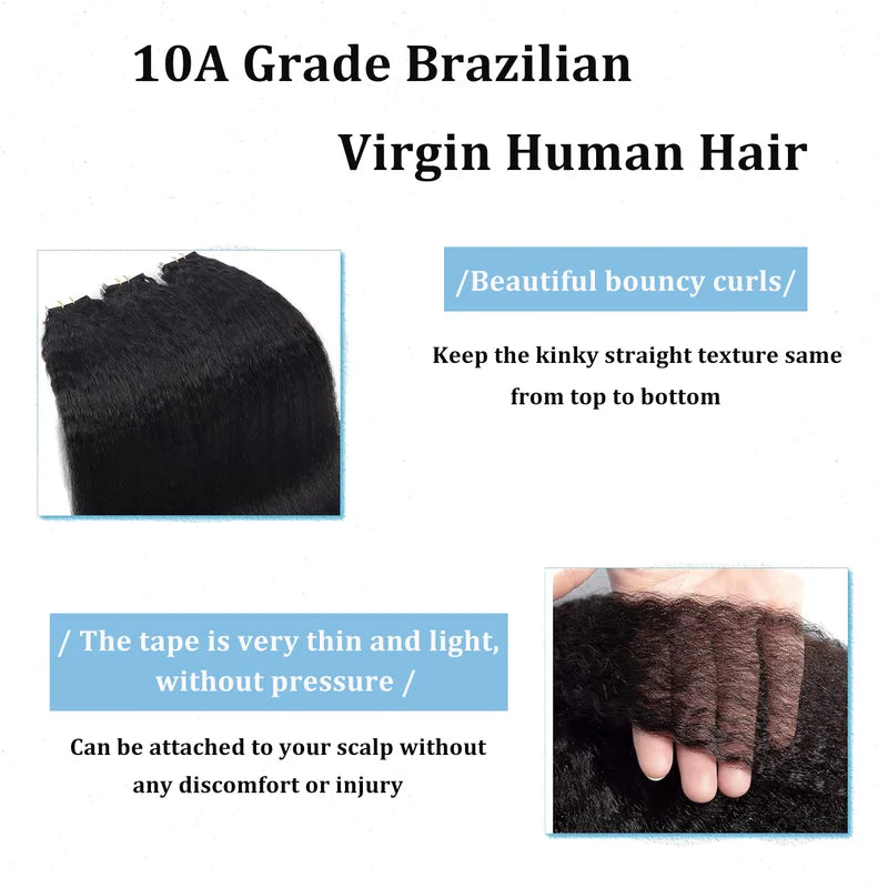 Kinky Straight Tape-in Hair Extensions 100% Human Hair Brazilian Natural Black