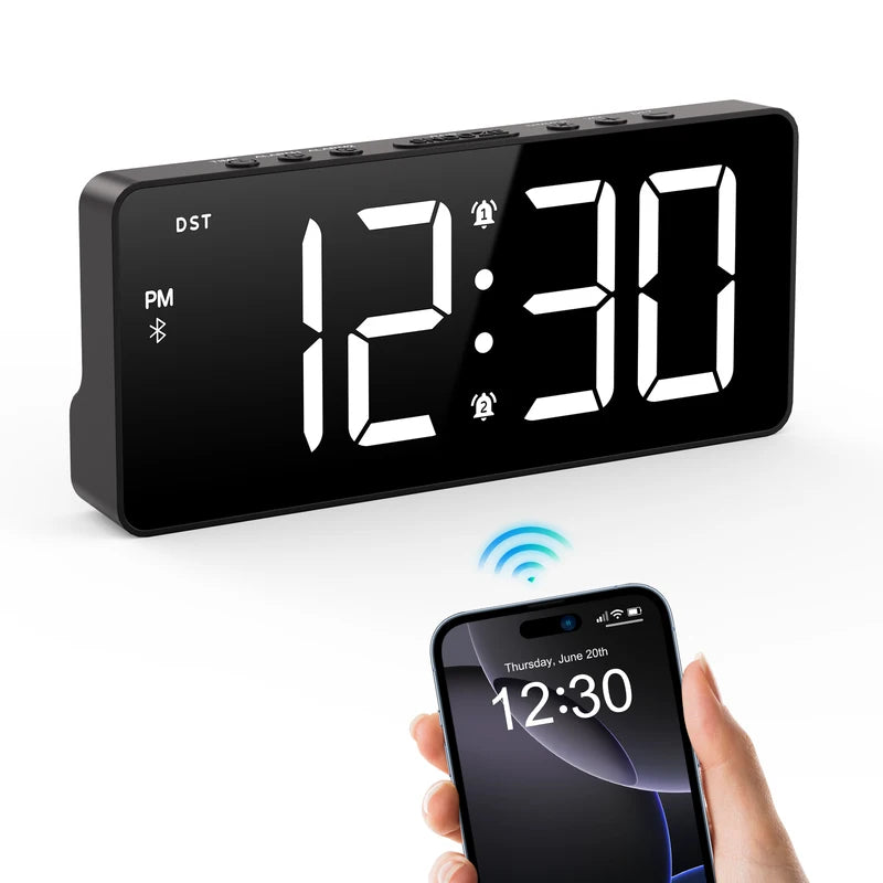 7-Inch LED Alarm Clock with Bluetooth, Dual Alarms & Brightness Control