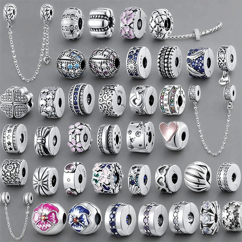 Sterling Silver Charm Beads for Bracelets DIY Jewelry Making Heart Flower CZ Safety Chain Beads