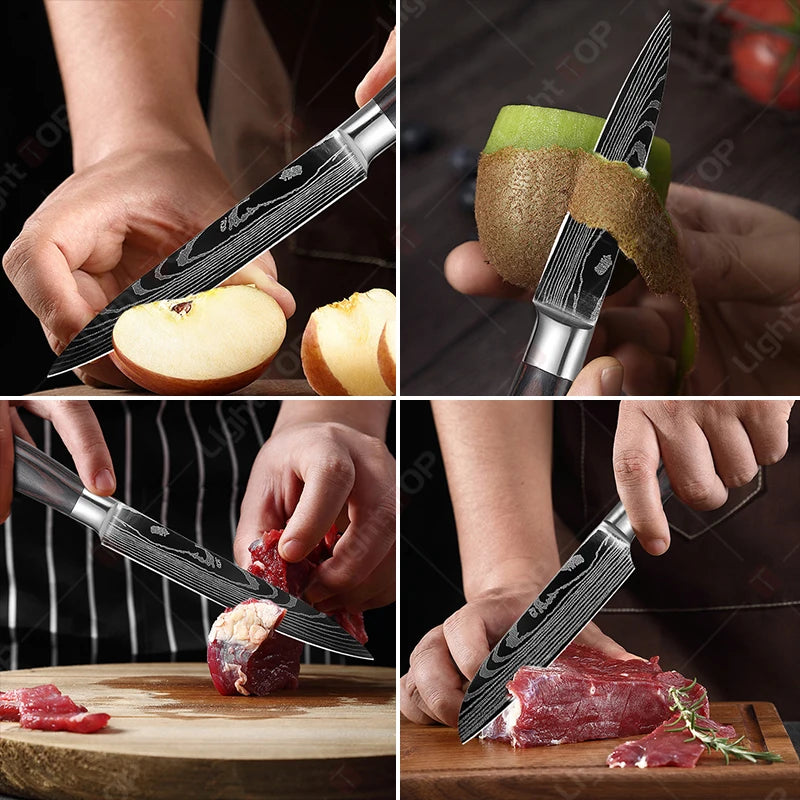 Kitchen Knife Set 1-3 Pcs Laser Damascus Santoku Cleaver Utility Chef Knives