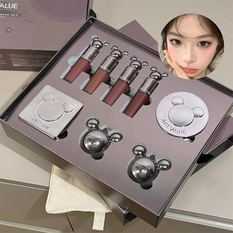 Makeup Set with Lip Mud, Face Blush, Powder, Eyeshadow Palette & Highlighter – 8 Pieces