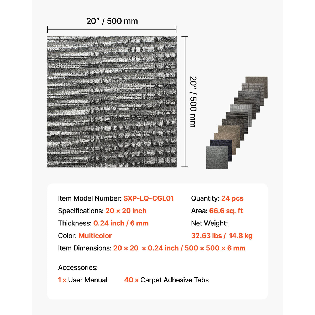Reusable Carpet Tiles 20x20 Inch Set for Living Room & Bedroom Flooring