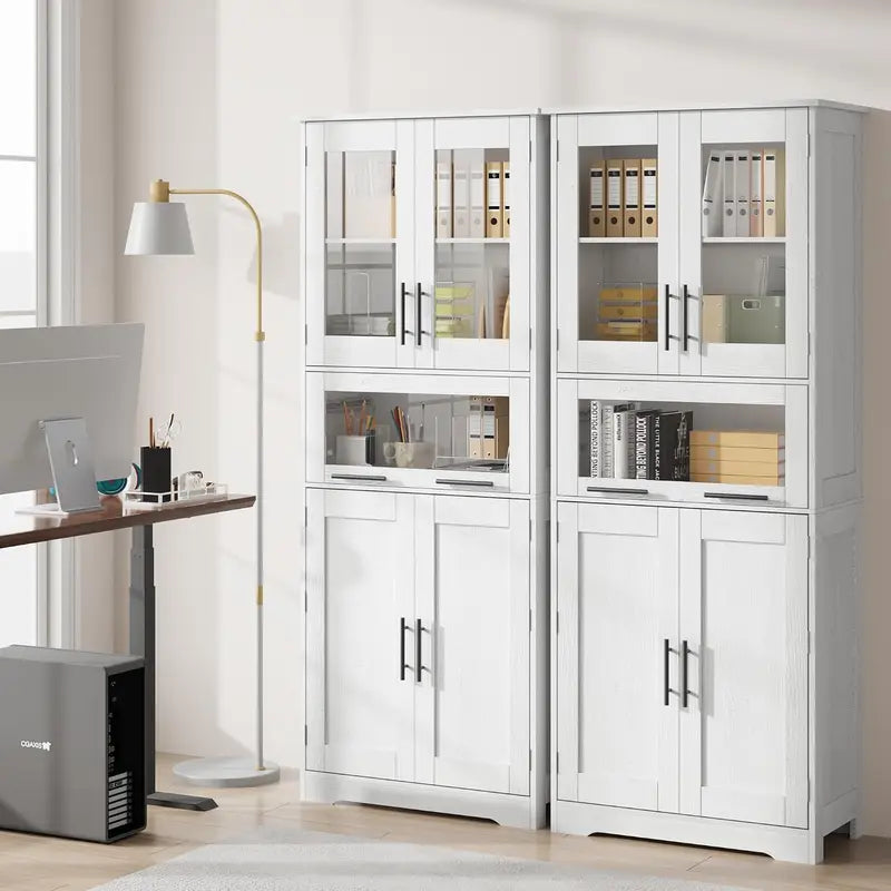 Tall Bathroom Storage Cabinet with Glass Doors and Adjustable Shelves - Freestanding Linen Closet, Kitchen Pantry or Living Room Cupboard