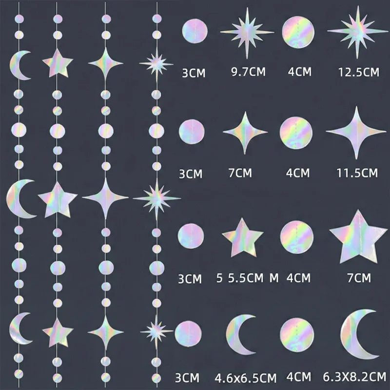 Colorful Iridescent Star Moon Circle Dot Hanging Garland Party Decor Ramadan Eid Wedding Baby Shower Birthday