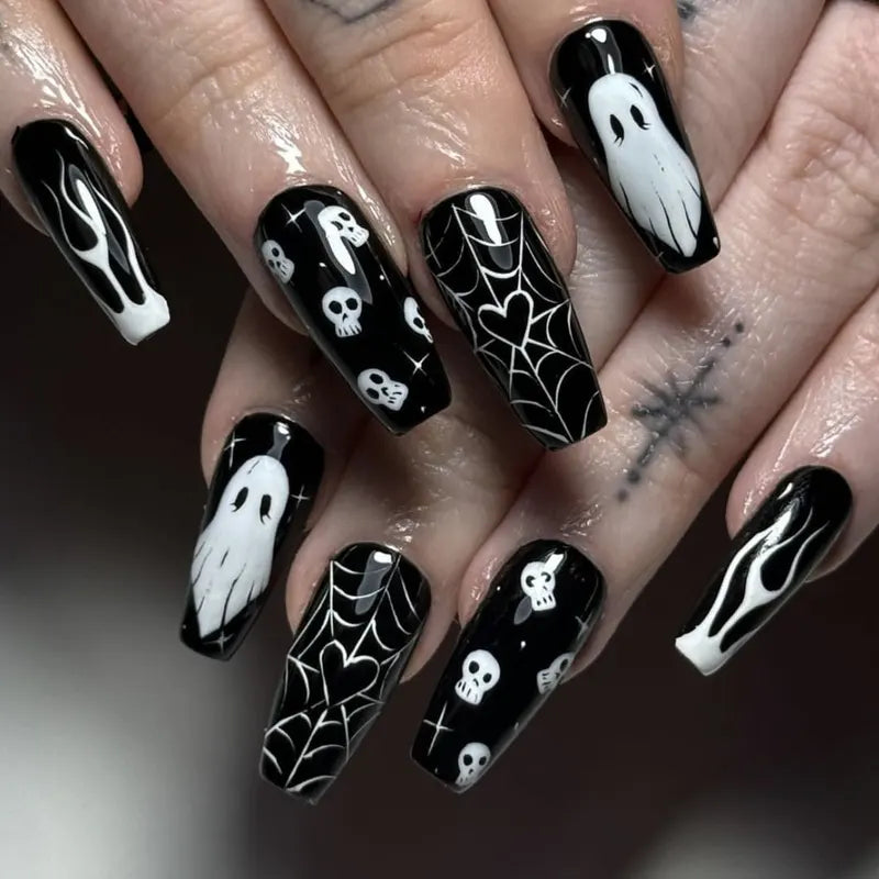 Halloween False Nails Set - Gothic Punk Coffin Shape with Rose Bat Ghost Print