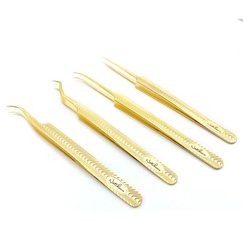 Anti-Static Eyelash Extension Tweezers - Professional Gold Stainless Steel for Volume Fans