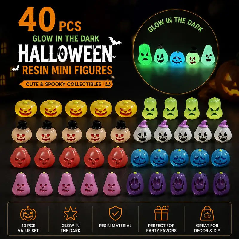Glow in The Dark Halloween Mini Figures Set - 40 Resin Miniature Decor for Crafts & Landscaping